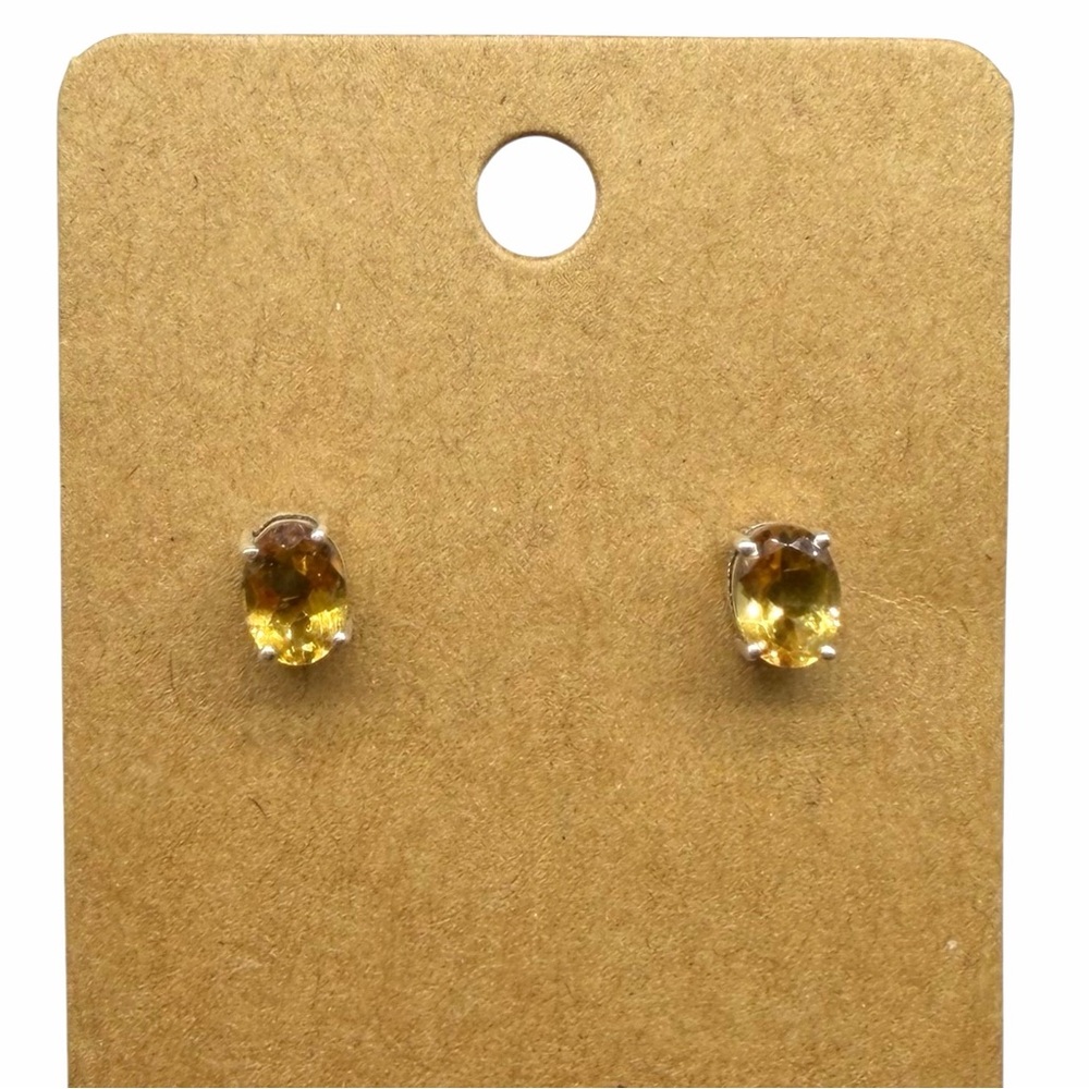 Citrine Stud Earrings Solid 925 Sterling Silver Faceted Oval Stone - Picture 1 of 4